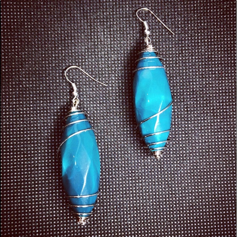 Wire Wrapped Blue Earrings